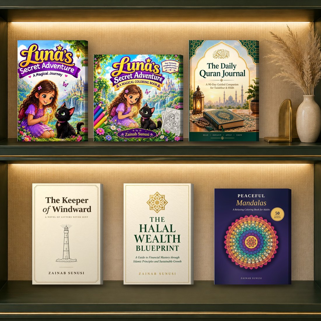 All four books by Zainab Sunusi together on plum velvet