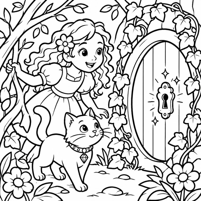 Coloring page of Luna at the garden door